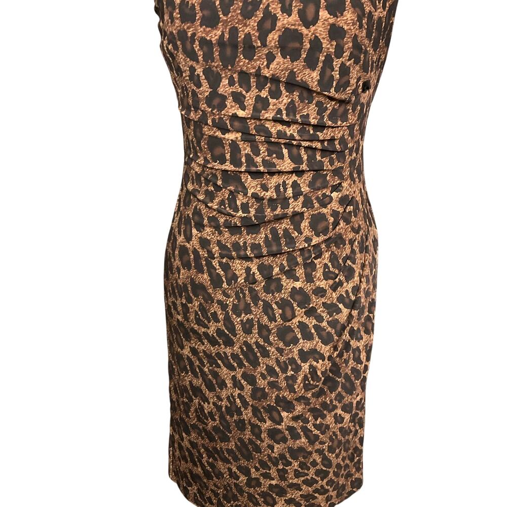 LAUREN RALPH LAUREN Dress Stretch Jersey Animal Print Ruched Surplice Brown sz 2 - Picture 9 of 13